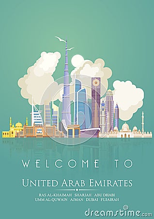 Vector template of United Arab Emirates. Mirror effect. UAE flyer with modern buildings and mosque in light style. Vector Illustration