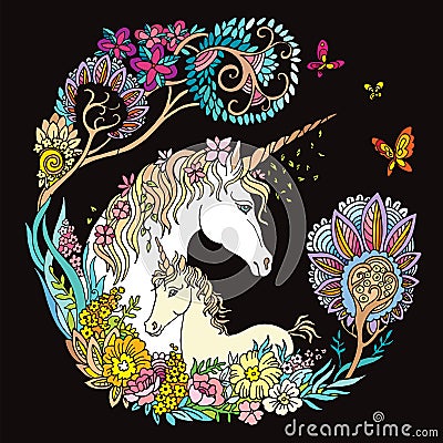 Vector colorful unicorn and foal on black Vector Illustration