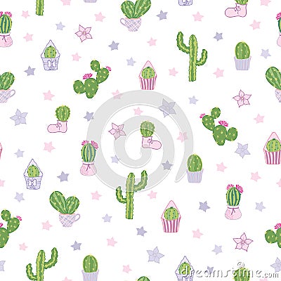 Vector colorful and white cacti party seamless pattern background. Vector Illustration