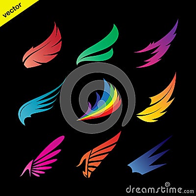 Vector colorful wing icons set on black background. Vector Illustration
