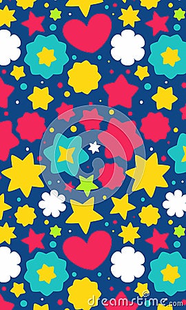 Vector seamless pattern with cartoon shapes, stars, hearts, circles, flowers Vector Illustration