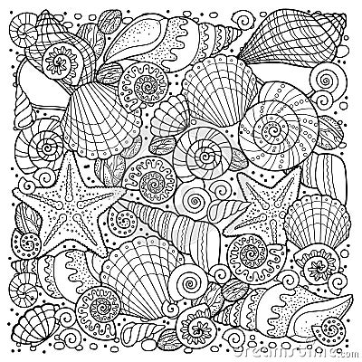 Vector coloring book for adult, for meditation and relax. Backgroun of sell, anchors, shells, stones and sand. Black and white ima Vector Illustration