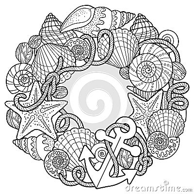 Vector coloring book for adult, for meditation and relax. Backgroun of sell, anchors, shells, stones and sand. Black and white ima Vector Illustration