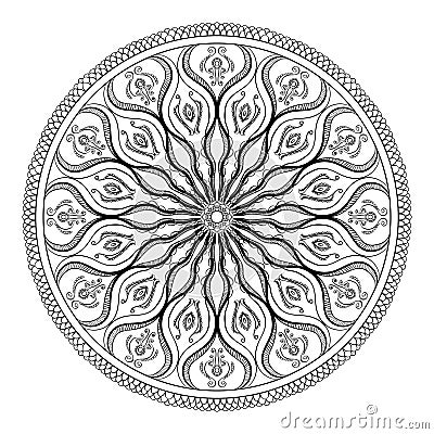 Vector coloring book for adult. Page for relax and meditation. Black and white mandala pattern with ethnic indian mehndi ornament Vector Illustration
