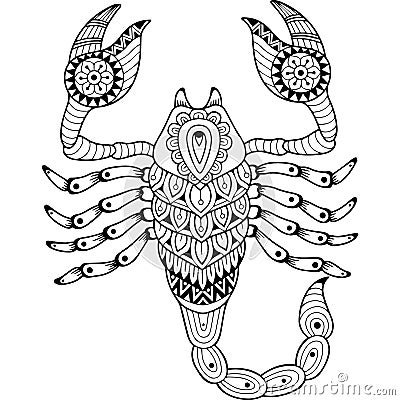 Vector coloring book for adult. Silhouette of scorpion isolated on white background. Zodiac sign scorpio. Abstract background. Vector Illustration