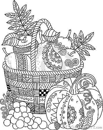 Vector Coloring book for adult. Thanksgiving day. Basket of apples. Vector Illustration