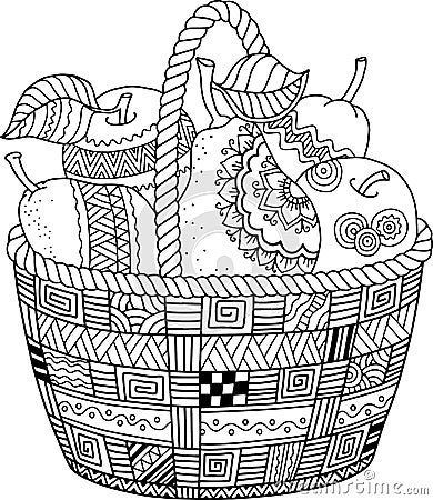 Vector Coloring book for adult. Thanksgiving day. Basket of apples. Vector Illustration