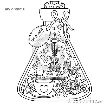 Vector Coloring book for adults. A glass vessel with dreams of traveling to Paris.A bottle with butterfly, ladybug, leaves, cup of Vector Illustration