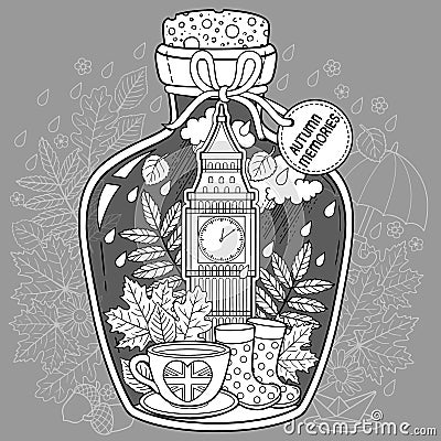 Vector Coloring book for adults. A glass vessel with memories of autumn and love. A bottle with bees,rain, autumn leaves, a cup of Vector Illustration