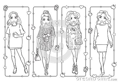 Coloring Girls In Dresses With Cartoon Print Vector Illustration