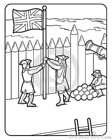 Vector Coloring Book Page, British Flag, Soldiers, Vector Illustration
