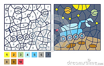 Vector coloring page, Puzzle game, Color by number lunar rover, mars rover, galaxy space Vector Illustration