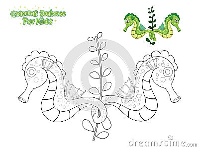 Vector Coloring The Cute Cartoon Seahorse. Educational Game for Kids. Vector Illustration With Cartoon Style Funny Sea Animal Vector Illustration