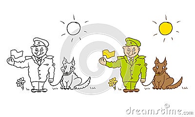 Vector coloring humorous caricature character. Cheerful military border guard with a dog on leash and flag. Vector Illustration