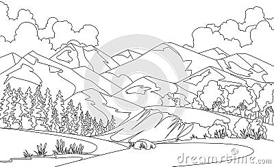 Vector coloring illustration of beautiful summer fields landscape with a dawn, mountian hills, sky, country background Vector Illustration