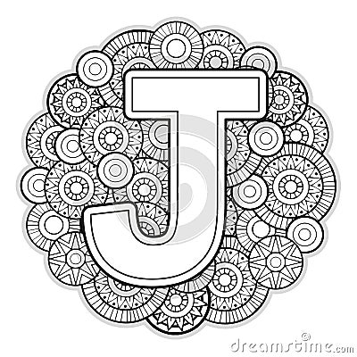 Vector Coloring page for adults. Contour black and white Capital English Letter J on a mandala background Vector Illustration