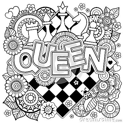 Vector Coloring page for adults. Queen of Chess. Black and white flower in a mandala style on a chess board Vector Illustration