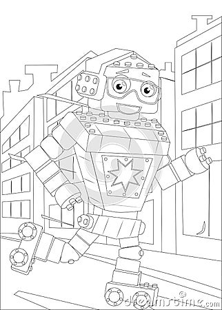 A black and white outline image of a robot, roller-skate. Vector Illustration