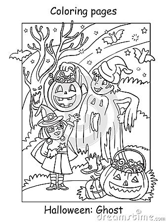 Coloring Halloween cute ghost and witch friends Vector Illustration