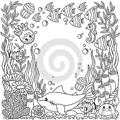 Vector Coloring printable page for child and adult. Cute sea creature on a marine background. Underwater life Vector Illustration