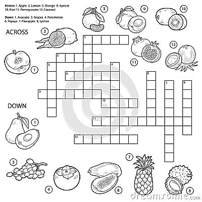 Vector colorless crossword, game for children about fruits Vector Illustration