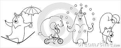 vector colorless set of cartoon circus bears Vector Illustration