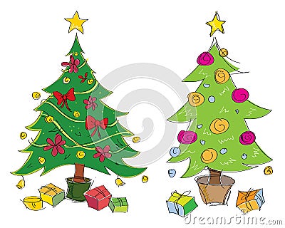 Vector colourful hand drawn christmas trees illustration. Suitable for greeting cards. Vector Illustration