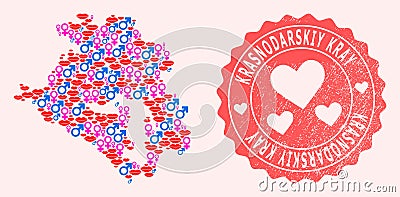 Collage of Love Smile Map of Krasnodarskiy Kray and Grunge Heart Stamp Vector Illustration