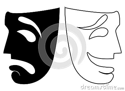 Vector Comedy and Tragedy masks in black and white Vector Illustration