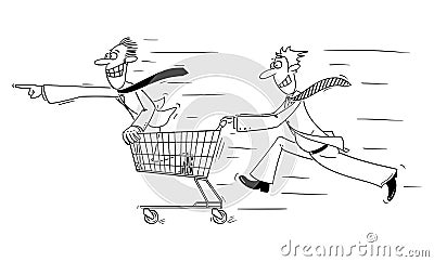 Vector Comic Cartoon of Businessman Running and Pushing Fast Another Man in Shopping Cart Vector Illustration