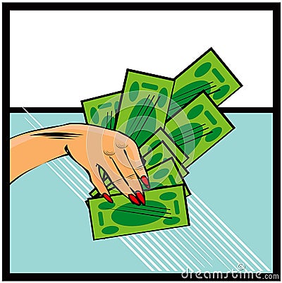 Vector comic female hand with cash money Hand with money on pop Stock Photo