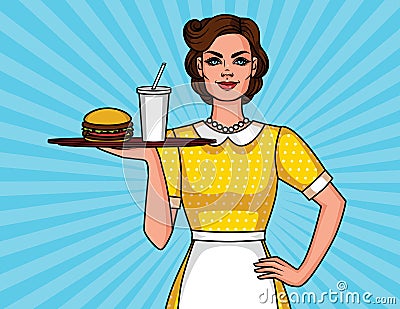 Vector comic pop art style illustration of a pretty cute waitress with a meal tray. Cartoon Illustration