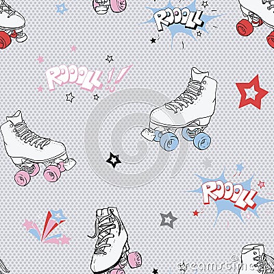 Vector Comic Roller Skates seamless pattern background. Stock Photo