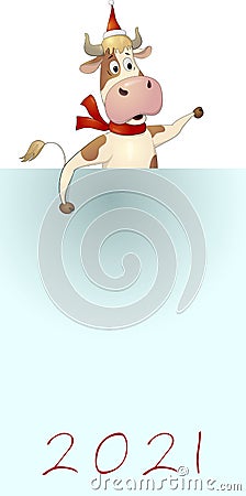 Vector comical bull dressed as Santa Claus with scroll Vector Illustration