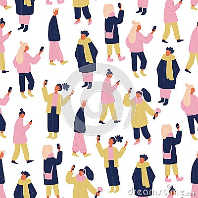 Vector communicating people seamless pattern in pink, yellow and blue. vector repeating tile with people and phones taking selfie. Vector Illustration