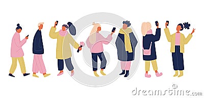 Vector communicating people set in pink, yellow and blue colors. isolated vector people with phones and gadgets taking selfies. Vector Illustration