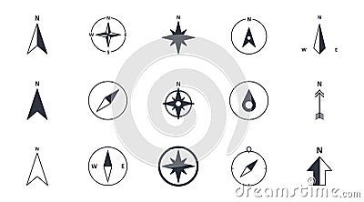 Vector compass icons. North south west and east. Wind rose icon, north arrow. Black and white symbols. Editable stroke Vector Illustration