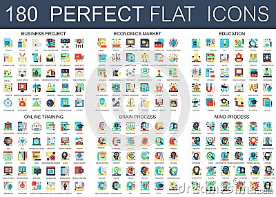 180 vector complex flat icons concept symbols of business project, economics market, education, online training, brain Vector Illustration