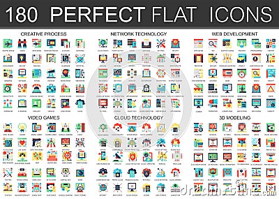 180 vector complex flat icons concept symbols of creative process, network technology, web development, video games Vector Illustration