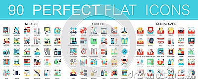 180 vector complex flat icons concept symbols of medicine, sport fitness, dental care. Web infographic icon design. Vector Illustration