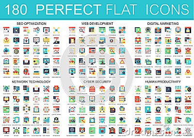 180 vector complex flat icons concept symbols of seo optimization, web development, digital marketing, network Vector Illustration