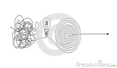 Vector Complex to Simple Transformation Way, Arrow and Lightbulb, Black and WhiteIllustration, Messy Line Thoughts Vector Illustration