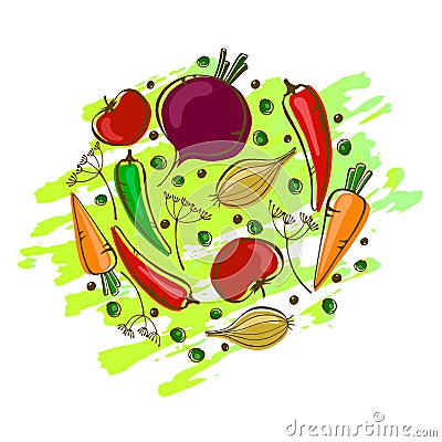 Vector composition with vegetables: carrot, tomato, peppers and onion Stock Photo