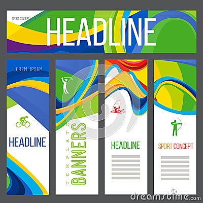 Vector composition of a wave of bands with different colors are intertwined including sport symbols. Vector Illustration