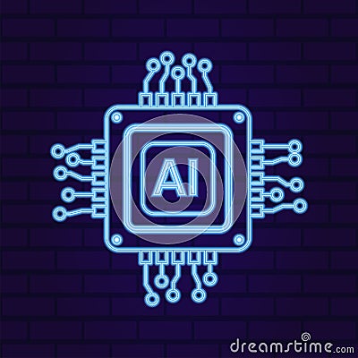 Vector computer electronic chip neon glowing outline AI icon. Line microchip processor artificial intelligence, cpu, iot Vector Illustration