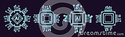 Vector computer electronic chip neon glowing outline AI icons set. Line microchip processor artificial intelligence, cpu Vector Illustration