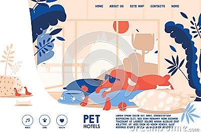 Vector concept banner for dog hotel accomodation. Pet friendly interior room with happy puppy on pillows. Horizontal scene good Stock Photo