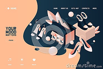 Vector concept banner or landing page template with isometric shoes and package boxes. Illustrations good for summer heels Stock Photo