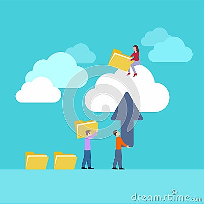 Cloud uploading, people with content and files Vector Illustration