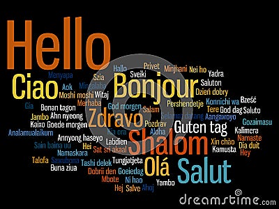 Vector hello or greeting international word cloud in different languages or multilingual Vector Illustration